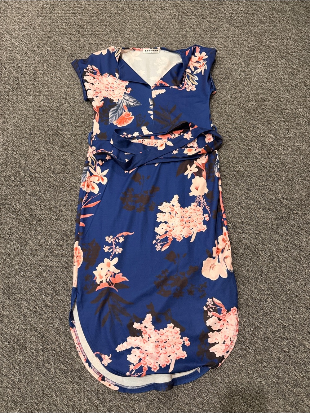 Floral Midi Wrap Dress in Blue with Pink Blossom Print